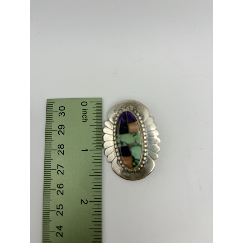 Multi-Stone Inlay Pin Brooch Navajo John Charley Sterling Silver Turquoise Coral - Picture 6 of 6